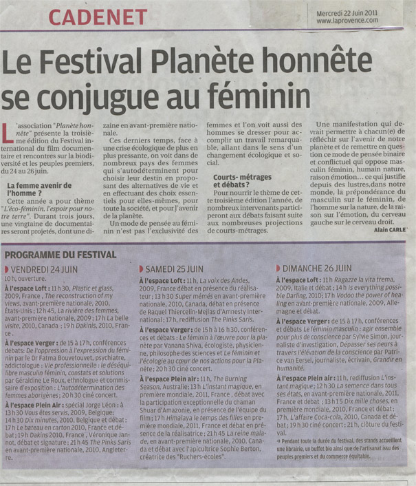 PARUTION PRESSE - Festival Planète Honnête - 22 Juin 2011